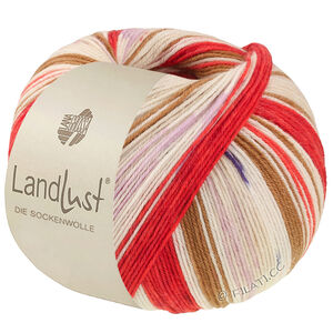 LANDLUST DIE SOCKENWOLLE - von Lana Grossa | 725-Orientrot/Erdbeerrot/Ecru/Braun/Rosa/Flieder/Hellbeige/Dunkelblau gestreift