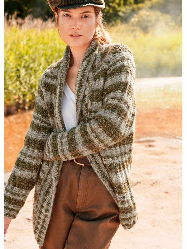 Lana Grossa CARDIGAN IM GESTREIFTEN RIPPENMUSTER Lala Berlin Harmony, Benessere Tweed, Lala Berlin Lovely Cotton Inserto