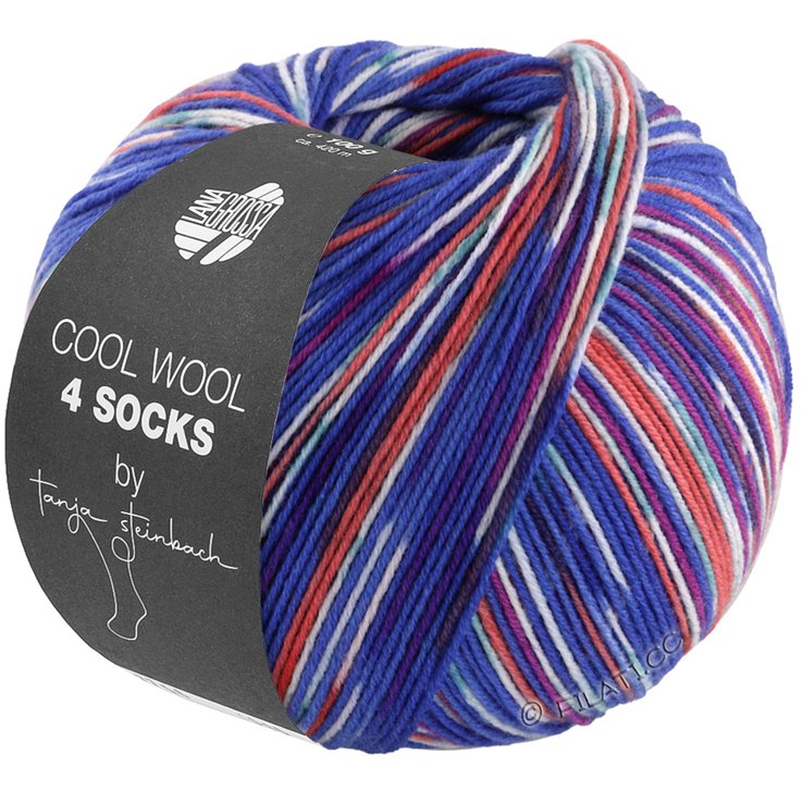 COOL WOOL 4 SOCKS PRINT III - von Lana Grossa | 7202-Kobaltblau/Tonrot/Weiß/Jade/Dunkelfuchsia/Hellblau