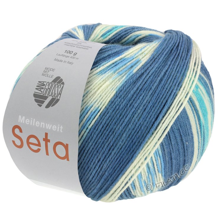 MEILENWEIT 100g Seta Adriana - von Lana Grossa | 3241-Petrol/Weiß/Türkis/Graublau/Hellblau