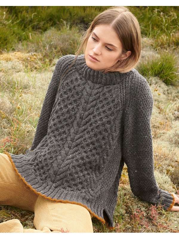 RAGLANPULLI MIT ARAN- UND PERLMUSTER Slow Wool Canapa/Cool Air Fine von Lana Grossa
